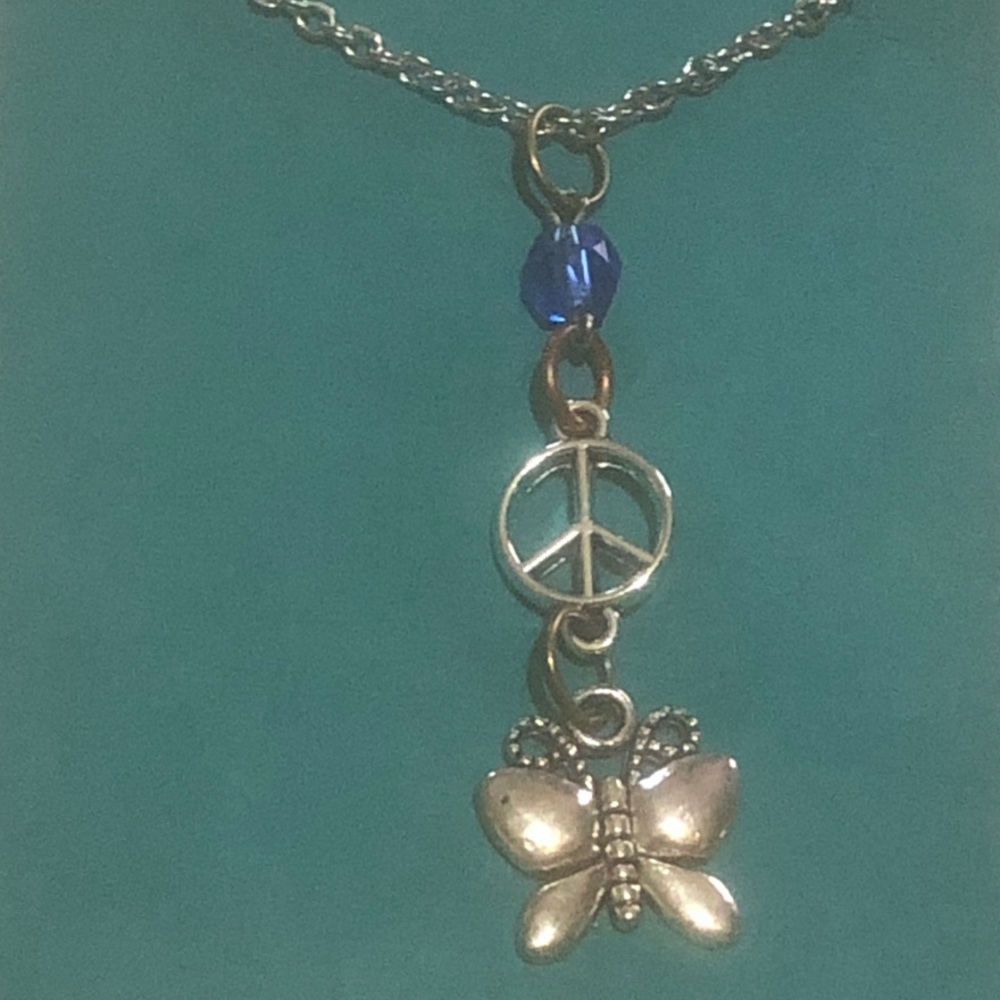 Silver Butterfly Peace Charm Necklace with Blue Accent Sapphire Stainless
